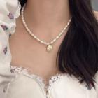 Rose Alloy Pendant Freshwater Pearl Necklace White & Gold - One Size