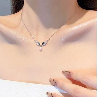 Wings Rhinestone Pendant Faux Pearl Stainless Steel Necklace 1pc - Silver - One Size