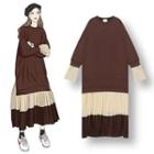 Mock Two-piece Two-tone Long-sleeve Midi Dress Coffee - One Size