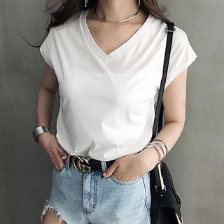 V-neck Cap-sleeve T-shirt Pink - One Size