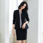 Set: Long-sleeve Tie-neck Peplum Blouse + Mini Pencil Skirt