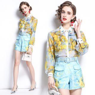 Set: Long-sleeve Floral Print Rhinestone Embellished Shirt + Shorts