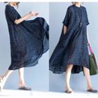 Elbow-sleeve Print Midi Dress Blue - One Size