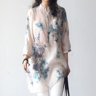 3/4-sleeve Floral Print Long Top