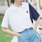 Elbow-sleeve Color Block Embroidered Polo Shirt