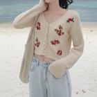 Floral Embroidered Cropped Cardigan Almond - One Size