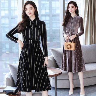 Long-sleeve Striped Pleuche Midi Shirt Dress