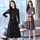 Long-sleeve Striped Pleuche Midi Shirt Dress