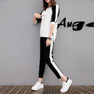Set: Color Block Elbow-sleeve T-shirt + Cropped Pants