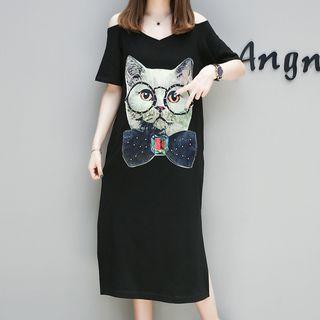 Elbow-sleeve Off-shoulder Printed Midi Dress