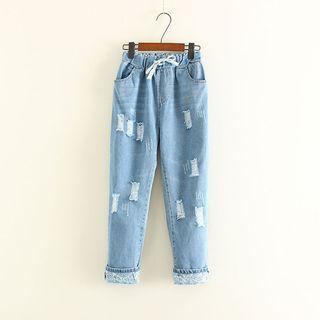 Drawstring Waist Distressed Washed Jeans