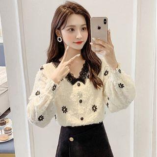 Long-sleeve Lace Trim Textured Blouse
