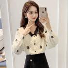 Long-sleeve Lace Trim Textured Blouse