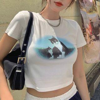 Cat Print Cropped T-shirt / Contrast Trim Wide-leg Pants