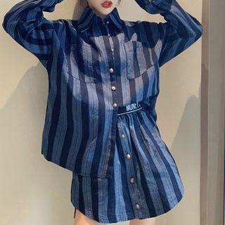 Long-sleeve Striped Shirt / Striped Skort