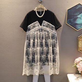 Short-sleeve Mock Two-piece Panel Organza Lace Dress
