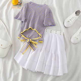 Striped Short-sleeve Slim-fit T-shirt / Ruffle Skirt