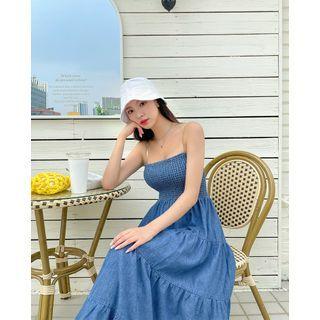 Tiered Denim Long Tube Dress