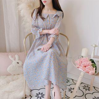 Long-sleeve Frill Trim Floral A-line Midi Chiffon Dress
