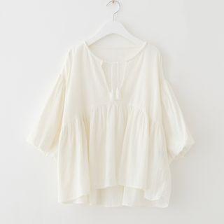 Tasseled Plain 3/4 Sleeve Blouse