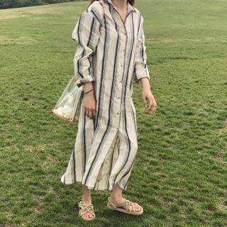 Striped Maxi Shirtdress Navy Blue Stripe - White - One Size