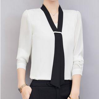 Contrasting Tie-neck Long-sleeve Chiffon Blouse