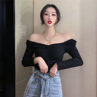 Ruched Long-sleeve Top Black - One Size