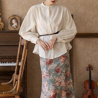 Puff-sleeve Asymmetrical Blouse / Flower Print Ruffle Hem Midi Pencil Skirt / Belt / Set