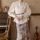 Puff-sleeve Asymmetrical Blouse / Flower Print Ruffle Hem Midi Pencil Skirt / Belt / Set
