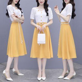 Set: Short-sleeve Buttoned Lace Blouse + A-line Midi Skirt