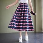 Elastic-waist Cherry Print Midi Skirt Navy Blue - One Size