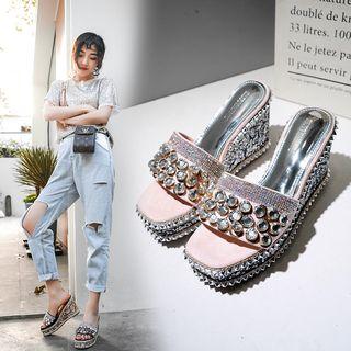 Rhinestone Strap Studded Platform Wedge Sandals