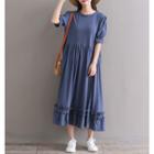 Short-sleeve Frill Trim A-line Midi Dress