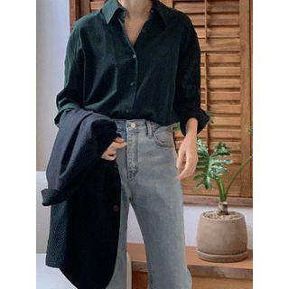 Shirred-back Shirt Dark Green - One Size