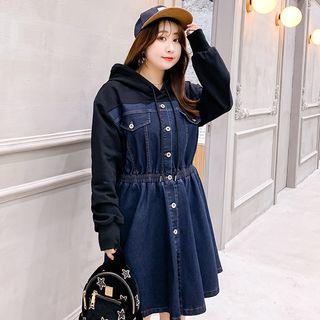 Denim Panel A-line Hoodie Dress