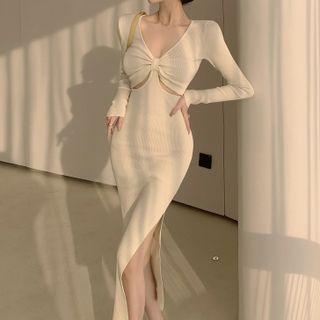 Long-sleeve Knotted Knit Midi Sheath Dress