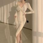 Long-sleeve Knotted Knit Midi Sheath Dress