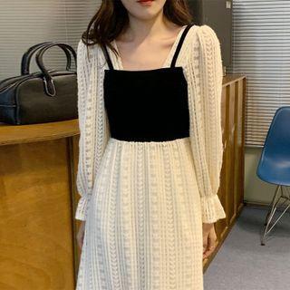 Mock Two-piece Long-sleeve Midi A-line Lace Dress Almond - One Size