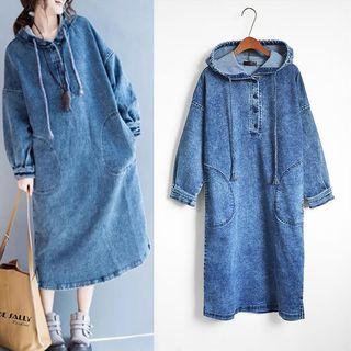 Hooded Long-sleeve Midi Knit Dress Blue - One Size