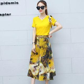 Set: Short-sleeve T-shirt + Floral Print Skirt