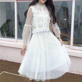 Lace Blouse / Sheer Panel A-line Skirt