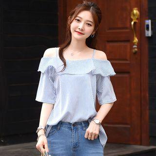 Off-shoulder Elbow-sleeve Striped Top