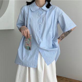 Short-sleeve Peter Pan Collar Plain Shirt Blue - One Size