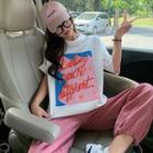 Short Sleeve Print T-shirt / Drawstring Plain Sweatpants