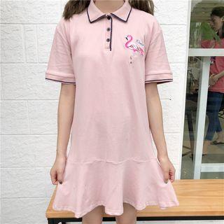 Flamingo Embroidered Short-sleeve Polo Dress