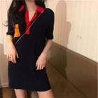 Contrast Collar Short-sleeve Knit Mini Polo Dress