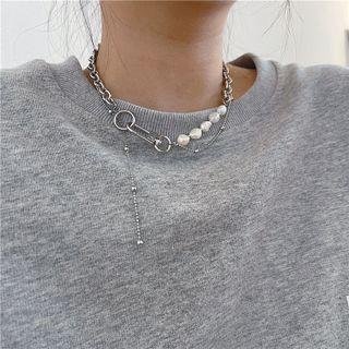 Freshwater Pearl Layered Alloy Choker 1 Piece - Silver - One Size