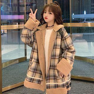 Fleece Panel Plaid Zip-up Jacket Plaid Panel - Light Coffee - One Size