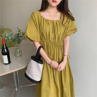 Short-sleeve Square Neck Drawstring Shirred Dress