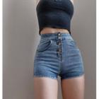 High-waist Washed Button-up Skinny Shorts